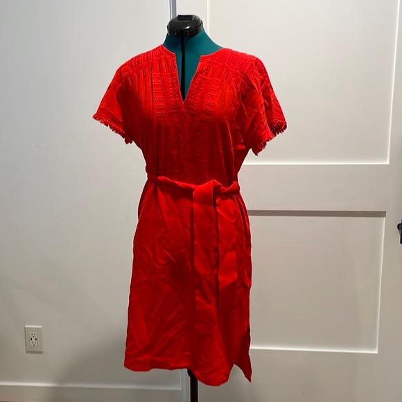 Madewell Dresses & Skirts - Madewell Red Embroidered Short Sleeve Dress with Waist Tie Size S